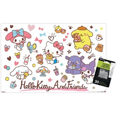 Trends International Hello Kitty and Friends: 25 Snack Time - Group Unframed Wall Poster Print Clear Push Pins Bundle 14.725" x 22.375"