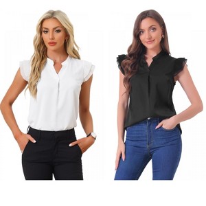 INSPIRE CHIC Women's V Neck Ruffle Cap Sleeves Solid Elegant Shirt 2 Packs - 1 of 4