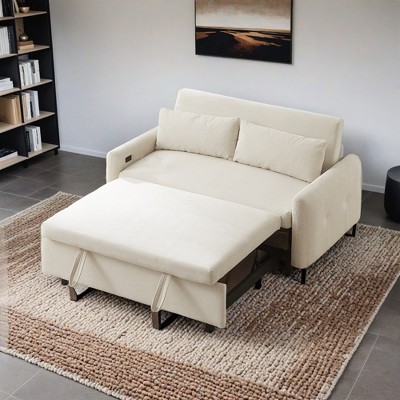 57.48" Pull-out Sofa Bed Convertible Couch 2 Seat Loveseat Sofa Modern Sleeper Sofa with Two Throw Pillows and USB Ports - Leovsnove