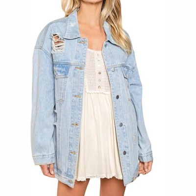 Women's Je T'Aime Mon Amour Distressed Denim Jacket - POL