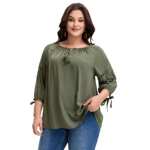 Women's Plus Size Tie Tassel V Neck Hollow Bowknot 3/4 Sleeve Adjustable Cuffs Casual Blouses - Agnes Orinda - 1 of 4