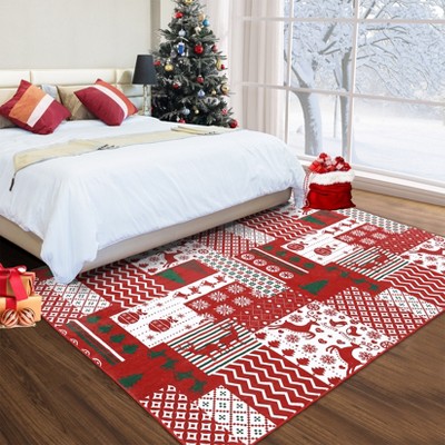 2x3 Christmas Area Rug - Machine Washable Holiday Rug w/Non-Slip Backing, Festive Patchwork Design , Low Pile Indoor Doormat for Entryway/Bedroom
