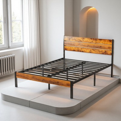 INFURNIC Beds Metal Platform Bed Frame, Bedstead Mattress Foundation With Headboard And And Footboard, Full Size, Brown, 77.5"*54.3"*39.3"