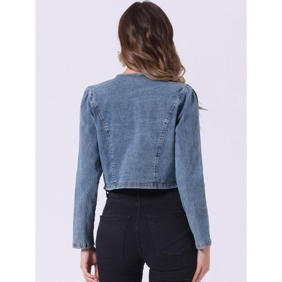 Allegra K Women's Collarless Open Front Casual Crop Denim Jackets Large Dusty Blue — фото 3