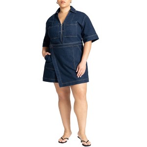 ELOQUII Women's Plus Size Denim Collared Wrap Romper - 1 of 4