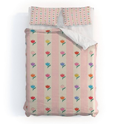 Deny Designs 3pc Full/Queen Showmemars Cheery Tulips on Pink Cream Duvet and Sham Set