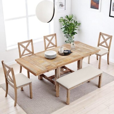 82" 6-Piece Extendable Dining Table Set with Removable Leaves, Footrest, 4 Upholstered Chairs and Bench, Kitchen Table Set for Dining Room