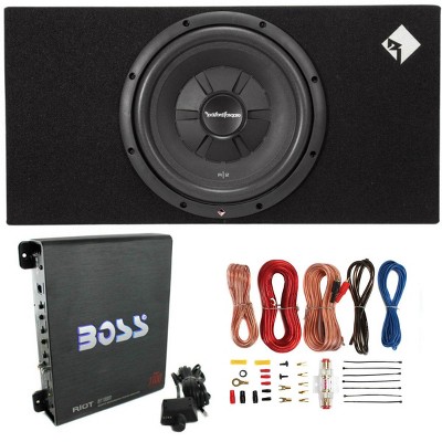 Rockford Fosgate R2S-1X12 12 inch 500 Watt Subwoofer and Sub Enclosure Box and Boss R1100M 1100 Watt Amplifier with 8 Gauge Amplifier Wiring Kit