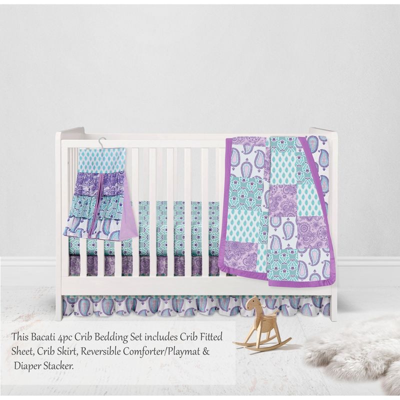 Bacati - Paisley Isabella Purple Lilac Aqua 4 pc Crib Bedding Set with Diaper Caddy, 3 of 9