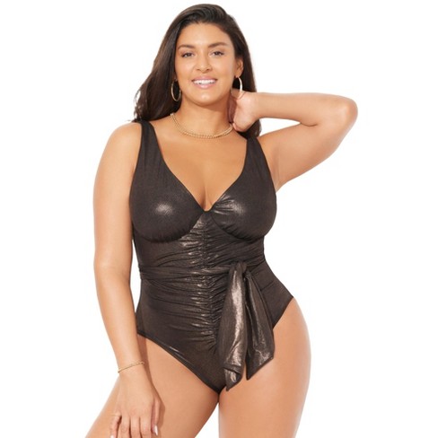 Swimsuits for All Women's Plus Size Tie Front Cup Sized Underwire One Piece  Swimsuit, 20 D/DD - Black Shimmer