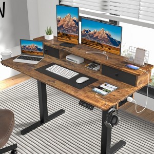 Electric Standing Desk Adjustable Height, LED Ergonomic Table with Charging Station, Rustic Brown - 1 of 4