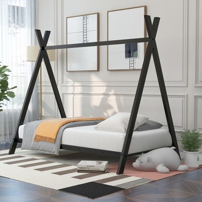 ALEXOUN Twin Size Floor Bed Frame for Kids,Metal Triangle Structure Tent-Shaped Floor Bed,Twin House Bed for Kids,for Bedroom Apartment,
