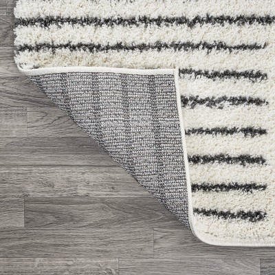 8' x 10' White and Black Stripe Shag Area Rug