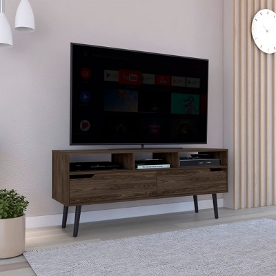 Chic Crate-Bull TV Stand – 52in TV Storage | 3 Open Shelves, 2 Flex Drawers | Dark Walnut
