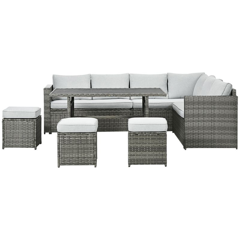 Outsunny 7 Piece Patio Furniture Set, Outdoor L-Shaped Sectional Sofa with 3 Loveseats, 3 Ottoman Chairs, Dining Table, Cushions, Storage, Mixed Gray, 4 of 7