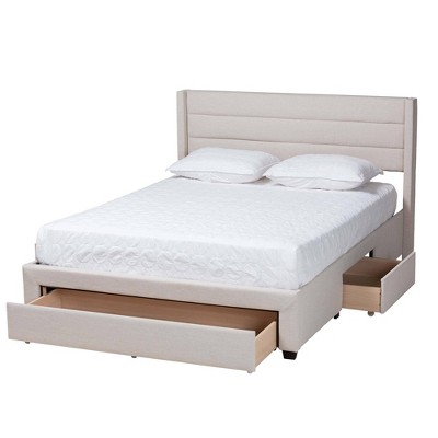 Beige and Dark Brown Upholstered Full Storage Platform Bed with Drawers