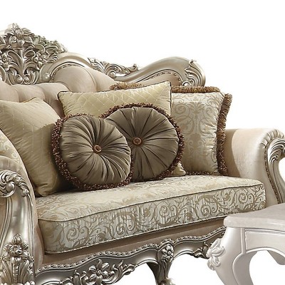 Champagne Beige Tufted Linen Rolled Arm Loveseat with Nailhead Trim
