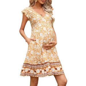 Maternity Dress Summer V Neck Ruffle Cap Sleeveless Bohemian Midi Dress Pockets for Baby Shower - 1 of 4
