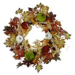 Northlight Green Pumpkins and Straw Artificial Fall Harvest Wreath - 24 inch, Unlit - 1 of 3