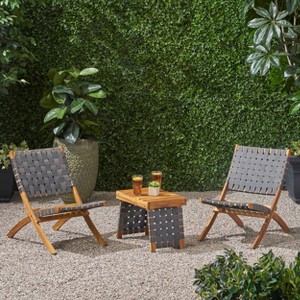 GDFStudio Bezalel Outdoor Woven Webbing Acacia Wood 3 Piece Foldable Chat Set, Brown and Gray - 1 of 4