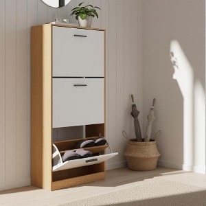 Homy Casa 3-Tier Shoe Storage Cabinet with Flip Drawers and Open Top Shelf for Entryway or Hallway, Oak White - 1 of 4