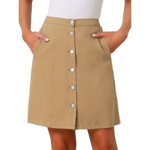 Allegra K Women's Elastic Back Short Button Down Denim Skirts with Pockets - 1 of 4