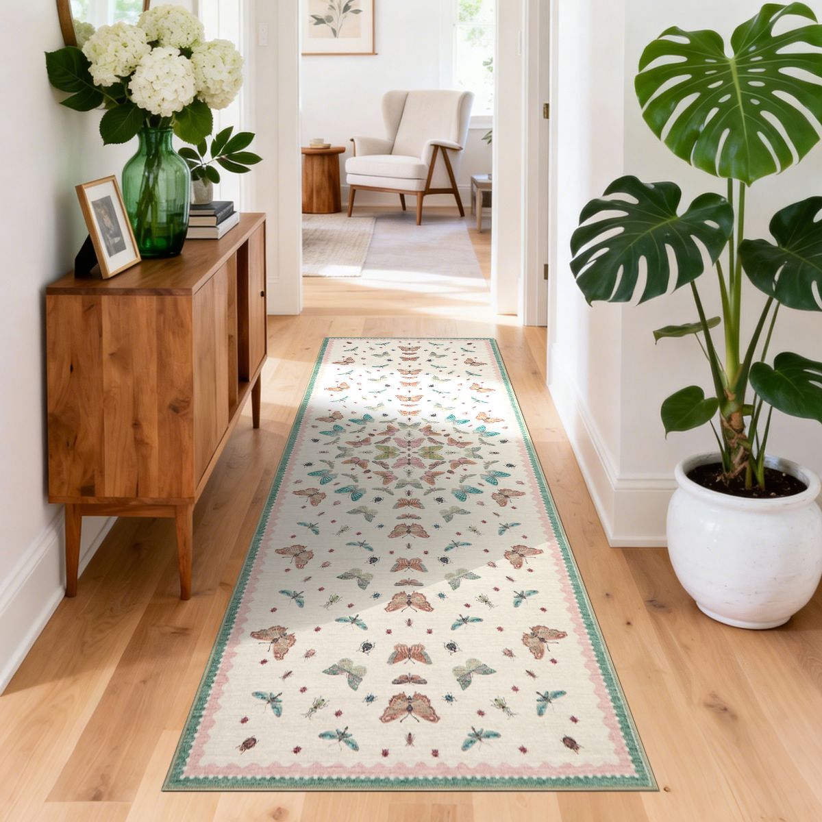 Machine Washable Butterfly Insect Print Area Rug, Non-Slip TPR Backing, Soft Polyester Low-Profile Rug for Living Room Bedroom