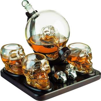 The Wine Savant Skull Globe Design Whiskey & Wine Decanter Set Includes 4 Skull Head Shot Glasses, Unique Home Bar Design - 750 ml