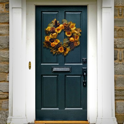 Autumn Sunflower and Pumpkin Pine Cone Wreath, 20-inch