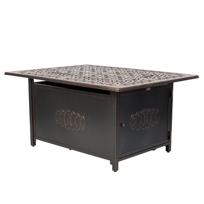 Fire Sense 48” Dynasty Aluminum Gas Fire Pit 55,000 BTU Multi-Functional - Protective Cover and Clear Fire Glass - Rectangle - Bronze Finish
