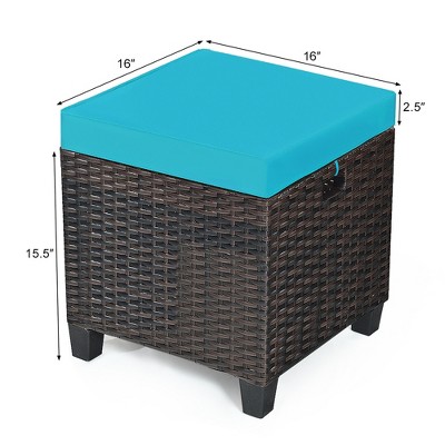 Turquoise Cushioned Rattan Patio Ottoman Set with Steel Frame
