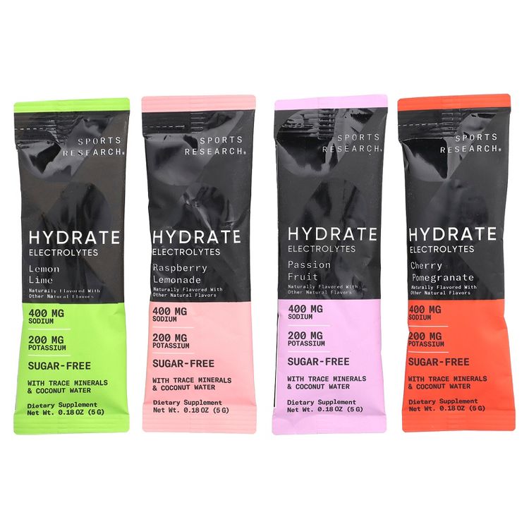 Sports Research Hydrate Electrolytes, Variety Pack, 16 Packets, 0.18 oz (5 g) Each, 3 of 3