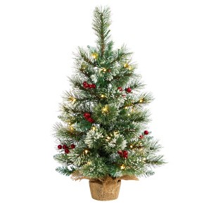 Nearly Natural 2-ft Snow Tipped Pine and Berry Artificial Christmas Tree with 35 Warm White LED Lights in Burlap Base - 1 of 3