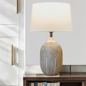 POWLIG 22-in Black White LED Ceramic Table Lamp with Linen Shade for Living Room,Bedroom - 1 of 4