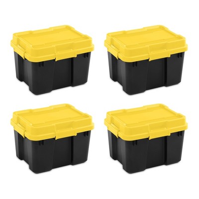 black plastic storage boxes