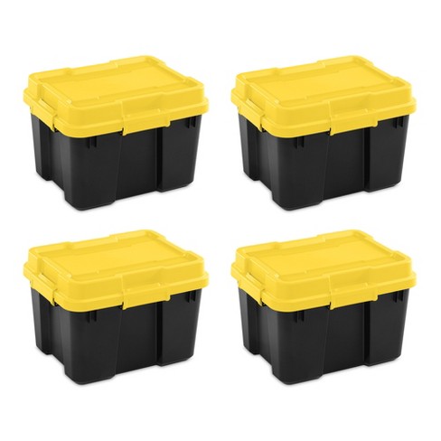 Sterilite 18319Y04 20 Gallon Heavy Duty Plastic Storage Container Box with  Lid and Latches, Yellow/Black (4 Pack)