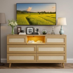 Rattan Wooden Dresser for Bedroom with 6 Drawers, 47" Wide Modern Dresser with Charging Station, Lights, Open Shelves, Living Room, Hallway, Entryway - 1 of 4