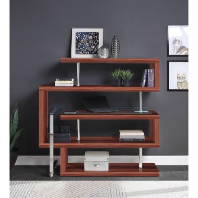 Sapphtopaz 4-Tier Bookcase with Chrome High Gloss Finish, Clear Glass Display Bookshelf Writing Desk with Shelf for Small Spaces, Office