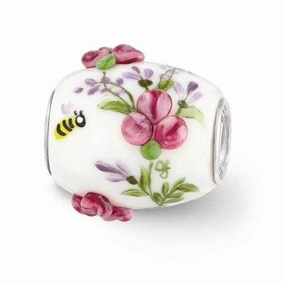 Black Bow Jewelry Fenton White Floral Glass & Sterling Silver Barrel Bead Charm
