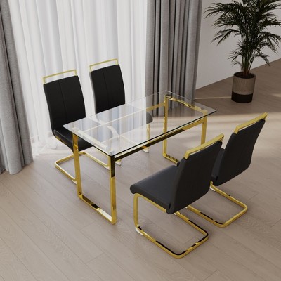 NicBex 51" Dining Table Set for 4 Dining Table Tempered Glass Top Gold Plating Legs with 4 Chairs for Dining Room
