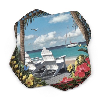 Pimpernel In The Sunshine Coasters - Set of 6, Cork Backing, White Wooden Beach Chair Design, Easy-to-Clean, Ideal for Dining or Relaxation
