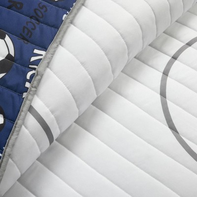 White and Navy Reversible Soccer Twin Microfiber Quilt Set