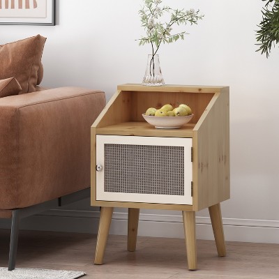 15"/19"W Nightstand End Table Side Table Storage Cabinet Bedside Table with Rattan Door, Walnut/Natural+White-Christopher Knight Home
