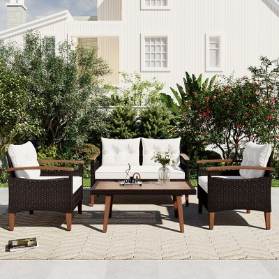 4pcs Patio Pe Rattan Conversation Seating Set With Wood Tabletop And ...