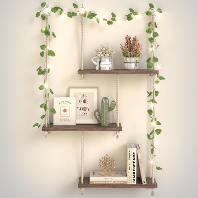 Attop Hanging Shelves for Wall with Vine Lights, 3 Tier Rope Wall Hanging Plant Shelf, Boho Wall Decor Aesthetic