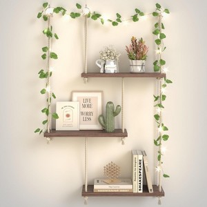 Attop Hanging Shelves for Wall with Vine Lights, 3 Tier Rope Wall Hanging Plant Shelf, Boho Wall Decor Aesthetic - 1 of 4