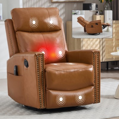 Luxury Leather Recliner Massage Chair with Heating, 360° Swivel Lounge Chair with Manual Button for Living Room or Bedroom–The Pop Home