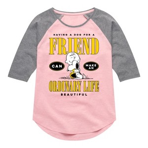Girls' - Peanuts - Dog Friend Make Ordinary Life Beautiful Shirt Tail Raglan Graphic T-shirt - 1 of 4