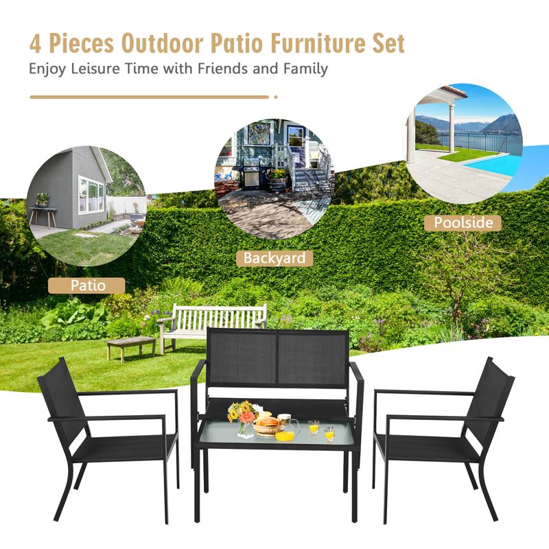 Tangkula 4 PCS Patio Furniture Set Outdoor Conversation Set w/Glass Coffee Table Garden Bistro Set Gray, 5 of 11