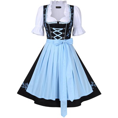 Vintage Women's Dress Set - Black Square Neck Dress with Blue Floral Embroidery, Blue Apron and White Crop Top
